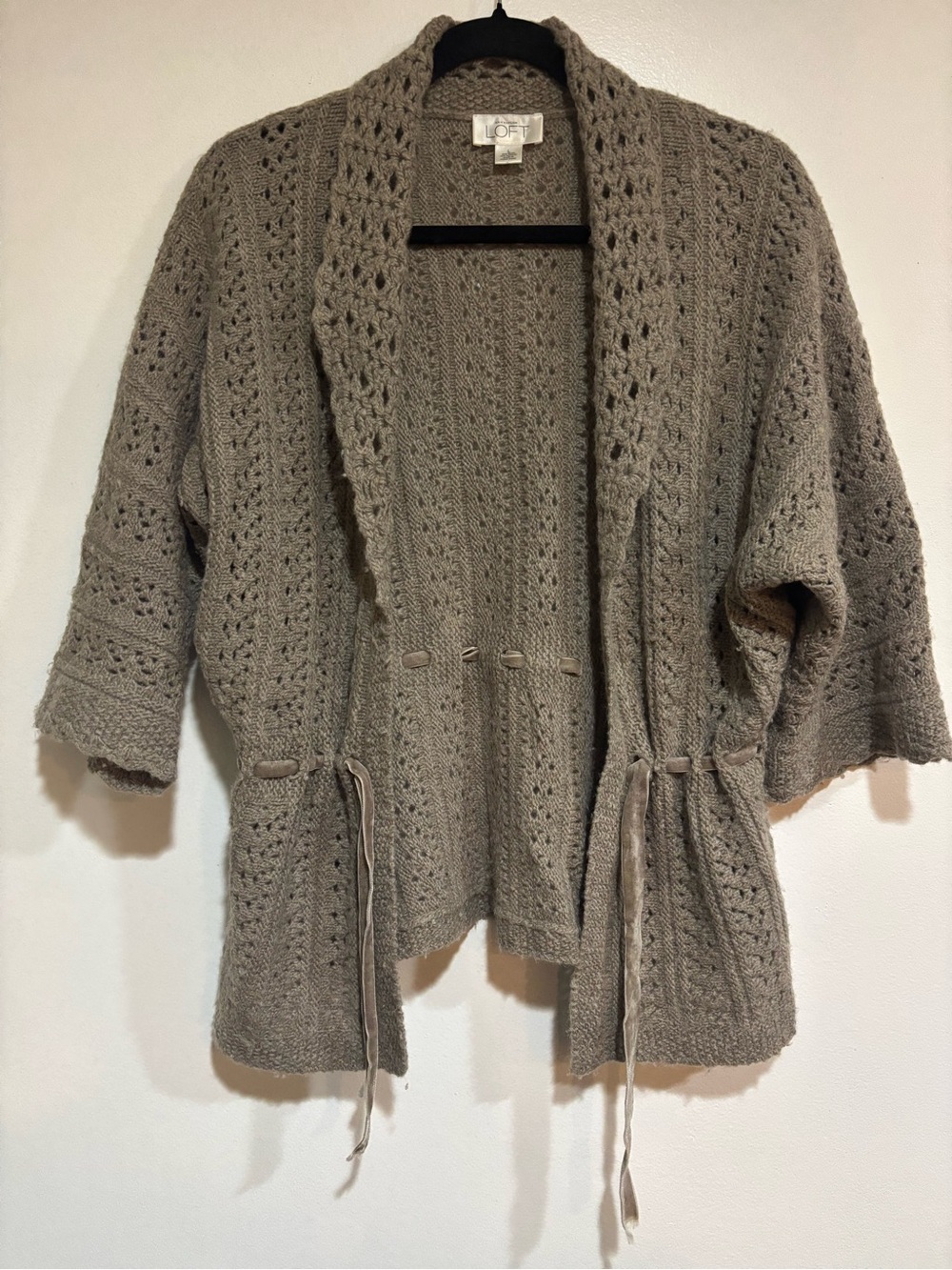LOFT Cardigan Sweater Lrg Gray Brown Wool Blend Pointelle Open Front Velvet Tie